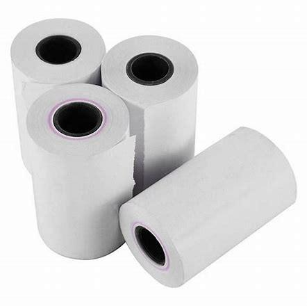 Four white thermal credit card receipt rolls