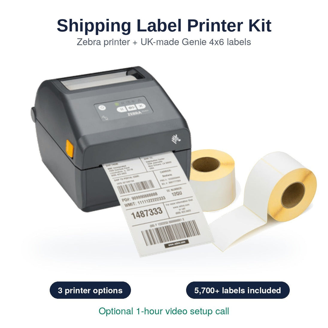 Shipping Label Printer Kit: Zebra desktop label printer with Genie 4x6 shipping label rolls